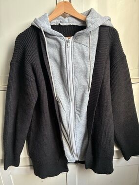Men's Black Knit Cardigan with Light Gray Attached Hoodie
